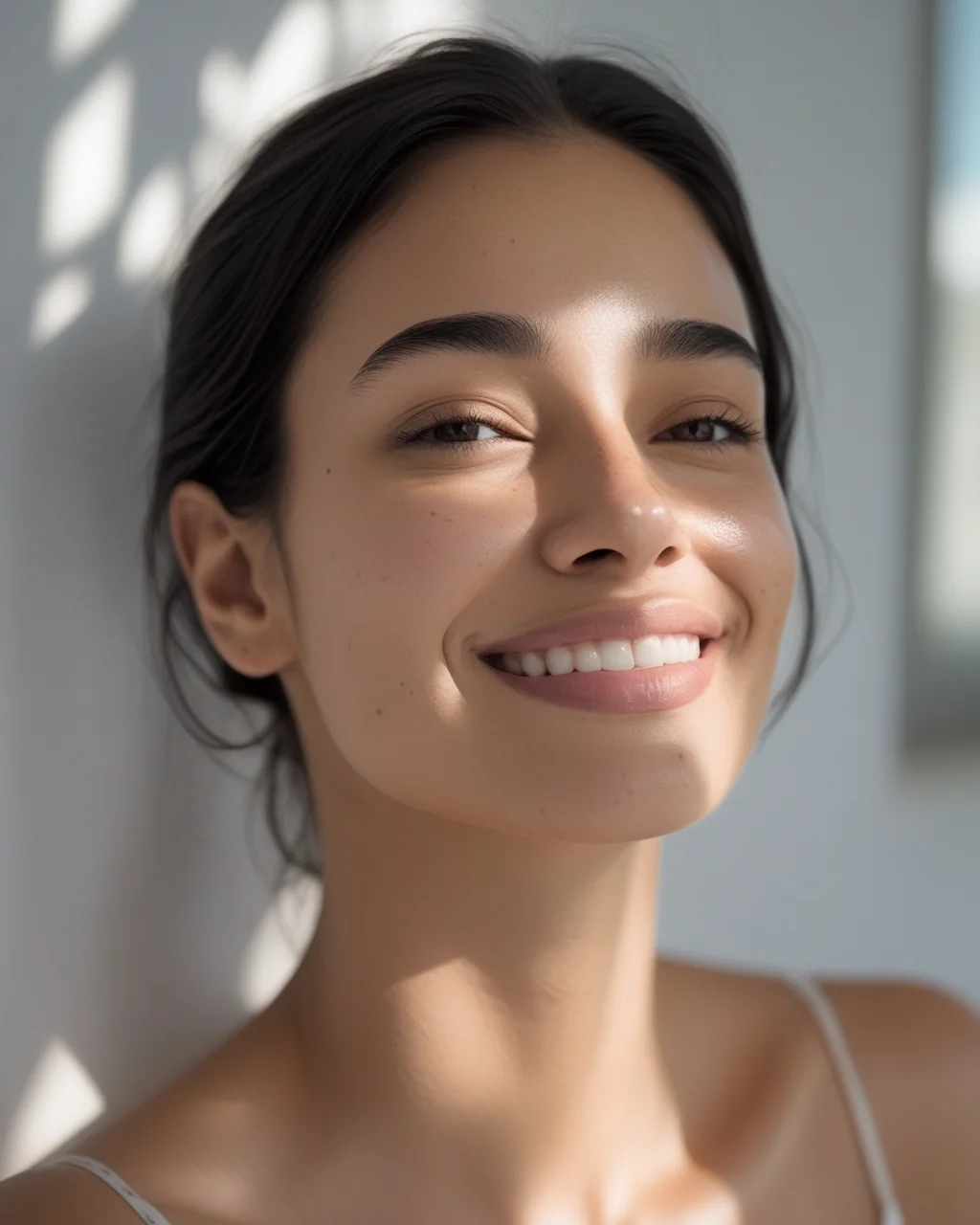 Mulher sorrindo sob luz natural, com pele luminosa